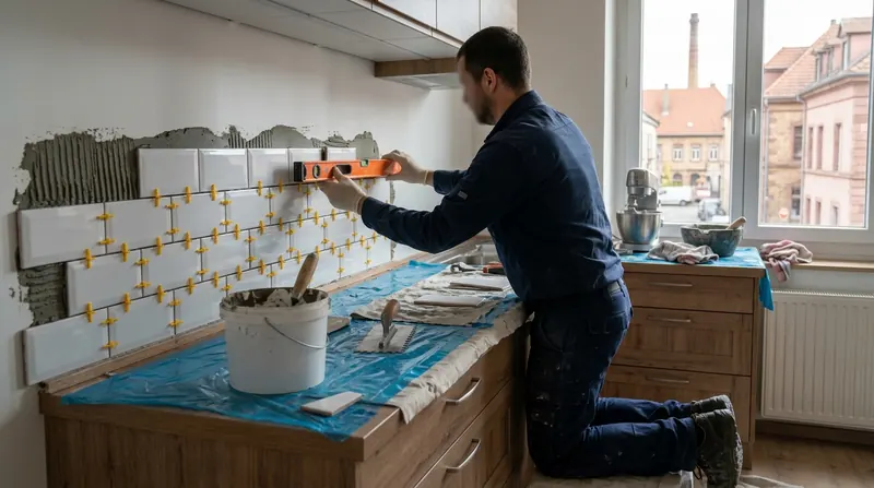 Carrelage de cuisine : pose d'une crédence en carreaux blancs au-dessus du plan de travail protégé