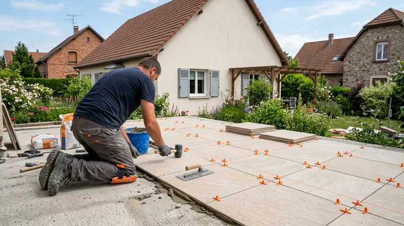 Revêtement de sol extérieur : pose de dalles beiges sur une terrasse devant une maison à toit de tuiles