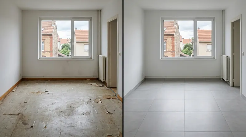 Revêtement de sol intérieur, avant et après : vieux sol abîmé, puis le même séjour carrelé en gris clair