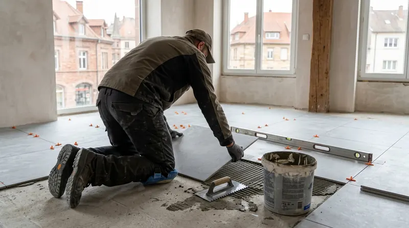 Revêtement de sol intérieur : artisan de dos posant de grands carreaux gris clair, croisillons et niveau à bulle