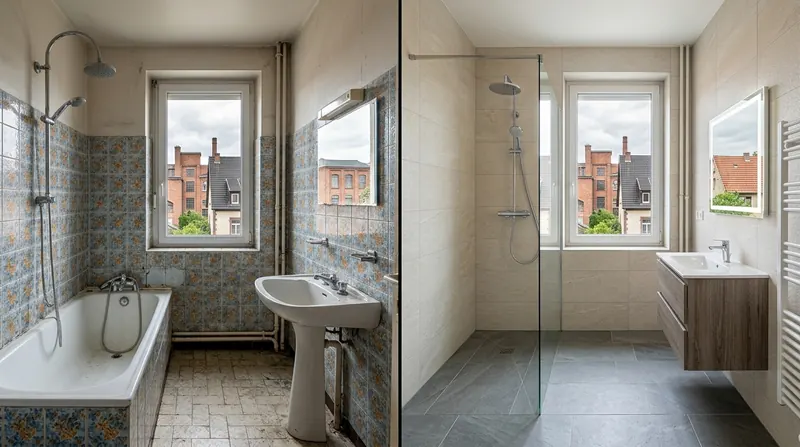 Salle de bain, avant et après : baignoire et faïence ancienne, puis douche à l'italienne et faïence claire