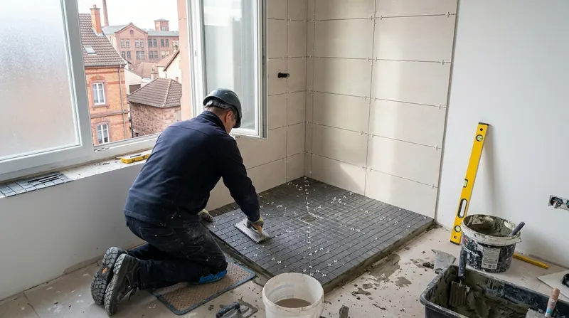 Salle de bain : pose de mosaïque grise au sol d'une douche à l'italienne